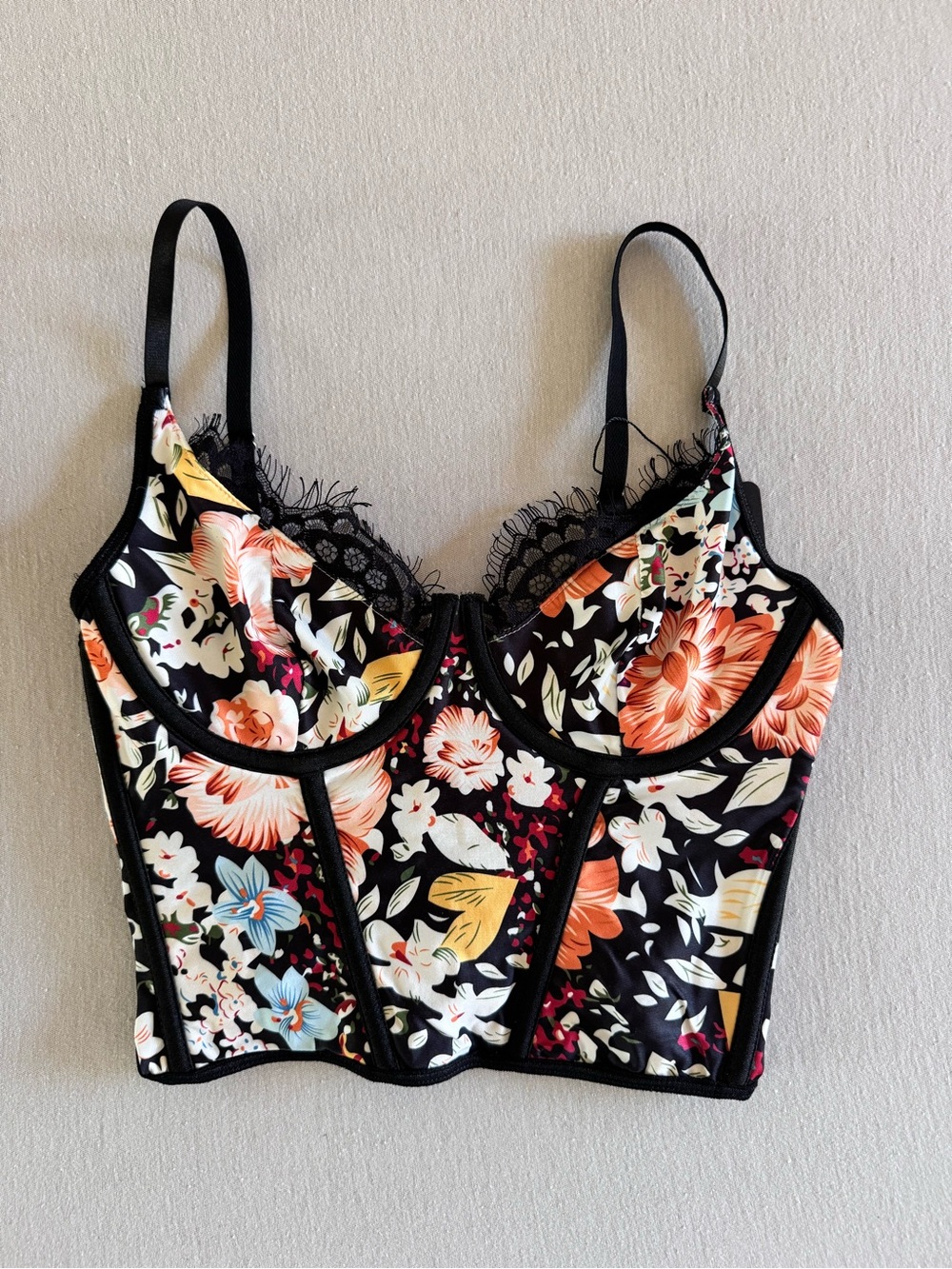 Floral Lace Trim Bustier Crop Top - Black with Multicolor Flowers